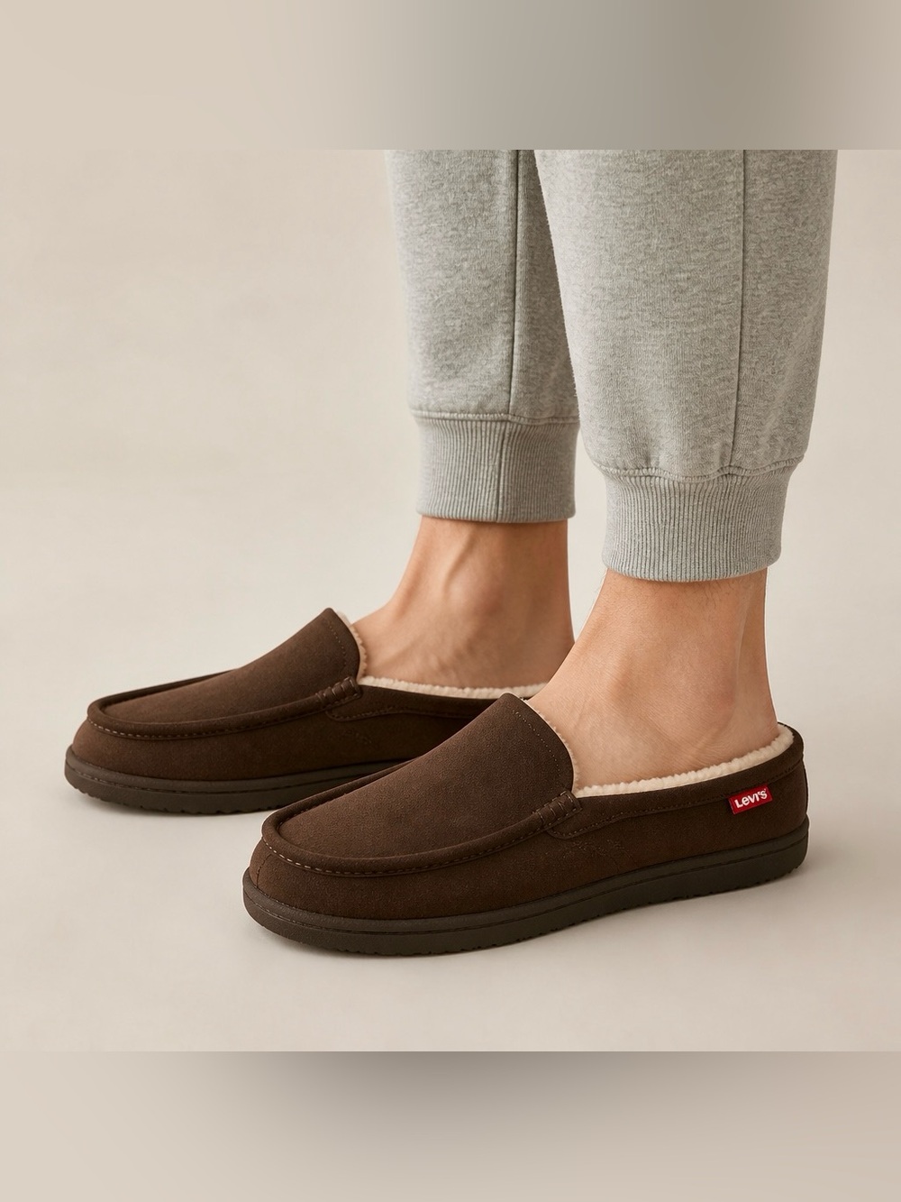 Levi's Men's Brown Slip-On Suede-Look Moccasin with Cream Lining